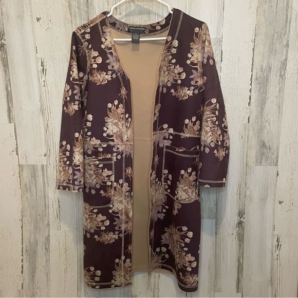 Chelsea & Theodore Faux Suede Brown Floral Jacket Womens Size M -Brown Tan Ivory - Picture 8 of 12